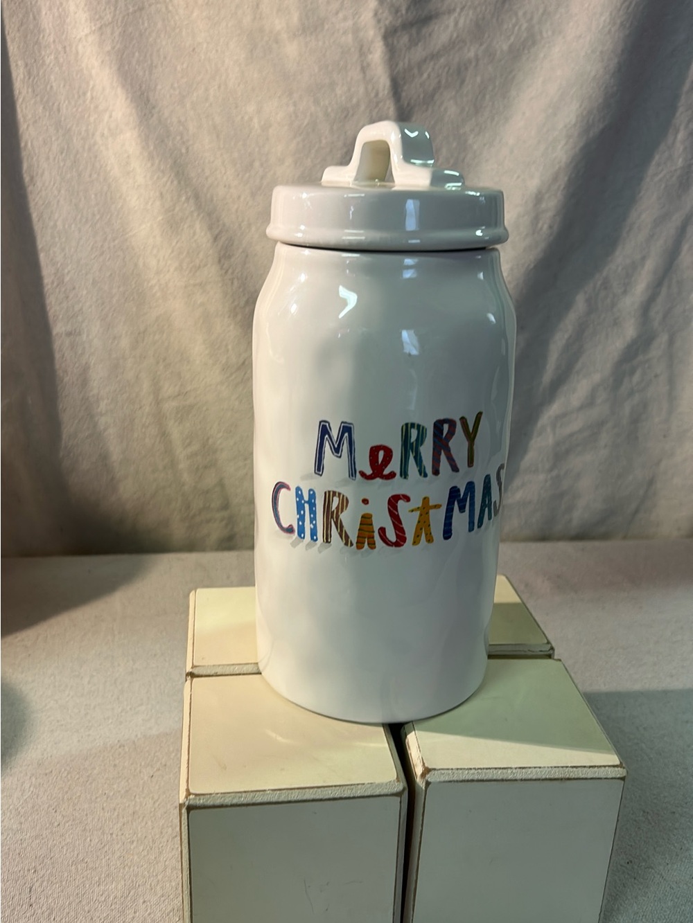 Rae Dunn White Ceramic 'Merry Christmas' Canister with Multicolor Lettering